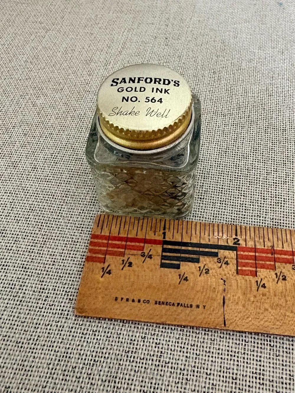 Vintage Sanford’s Gold Ink No. 564 Glass Bottle w/ Original Lid Dried Ink